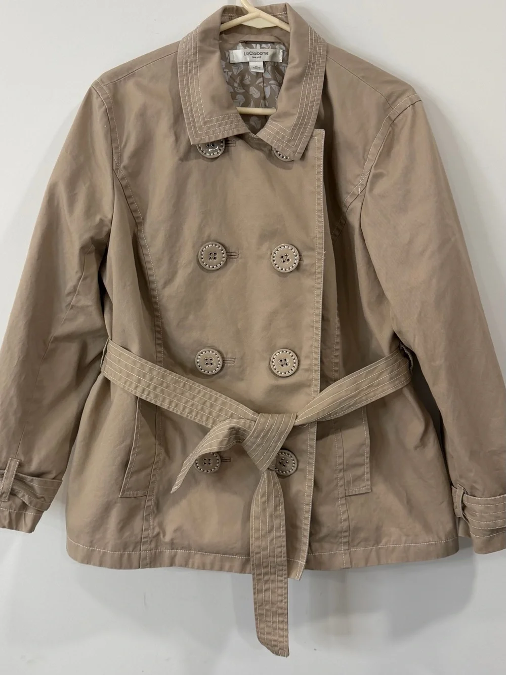 Liz Claiborne Tan Double-Breasted Belted Trench Jacket